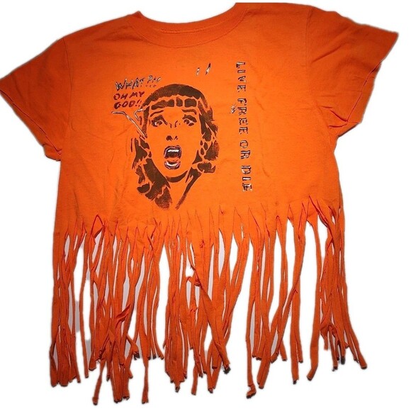 Bright Orange Fringed T-Shirt Hippie Style M Jerzees Tee Boho Retro What OMG - Picture 1 of 5
